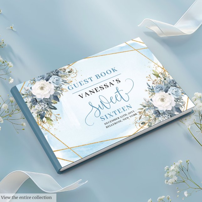 Sweet sixteen för den blå pastellblå Blommigten Gästböcker (Adorable Pastel Blue White Floral Sweet Sixteen Guest Book)