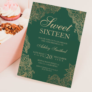 Sweet sixteen för elegant av mörk grönt guld blomm inbjudningar