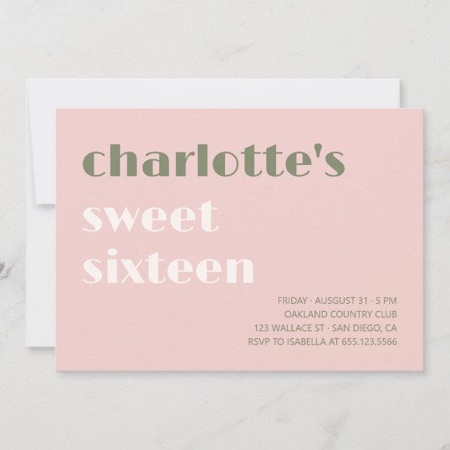 Sweet sixteen för fetstil, enkel rosa grönt inbjudningar (Framsida)