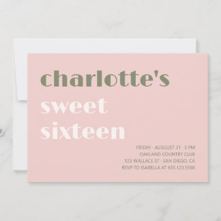 Sweet sixteen för fetstil, enkel rosa grönt inbjudningar