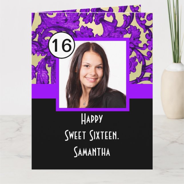 sweet sixteen för fotomall för lila dämpas tack kort (Framsida)