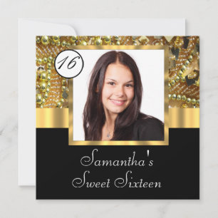 Sweet sixteen för fotomall för svart och guld inbjudningar