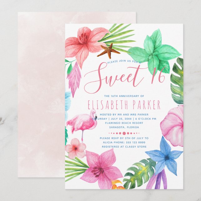 Sweet sixteen för krans av den hawaiiska tropiska  inbjudningar (Fram/baksida)