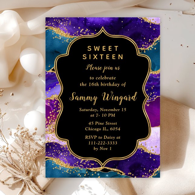 Sweet sixteen för lila och blått peacock Agate Inbjudningar (Skapare uppladdad)