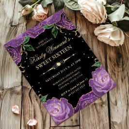 Sweet sixteen för lila och Guld Ro Blommigt Inbjudningar