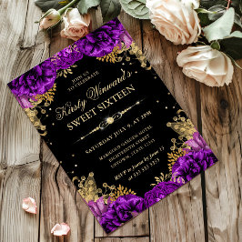 Sweet sixteen för lila och Guld Ro Blommigt Inbjudningar