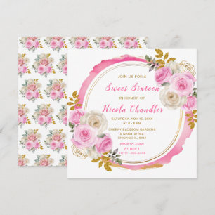 Sweet sixteen för ljusa Rosa- och Guld Elegant Flo Inbjudningar