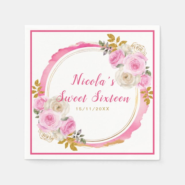 Sweet sixteen för ljusa Rosa- och Guld Elegant Flo Pappersservett (Framsidan)