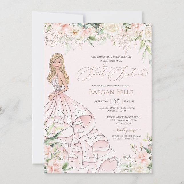 Sweet sixteen för lyxolja i  Rosa Vit ros Inbjudningar (Framsida)