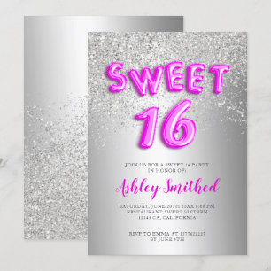 sweet sixteen för metallisk rosa i Silver brev Inbjudningar