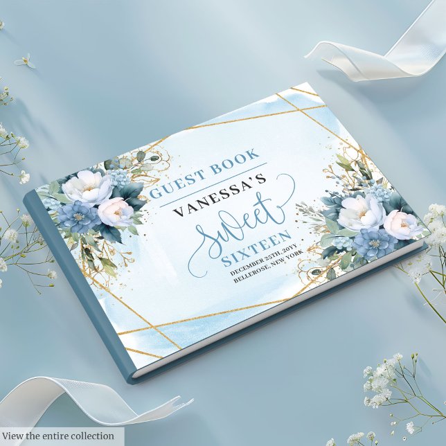 Sweet sixteen för mousserande Pastel Blue White Bl Gästböcker (Sparkling Pastel Blue White Floral Sweet Sixteen Guest Book)