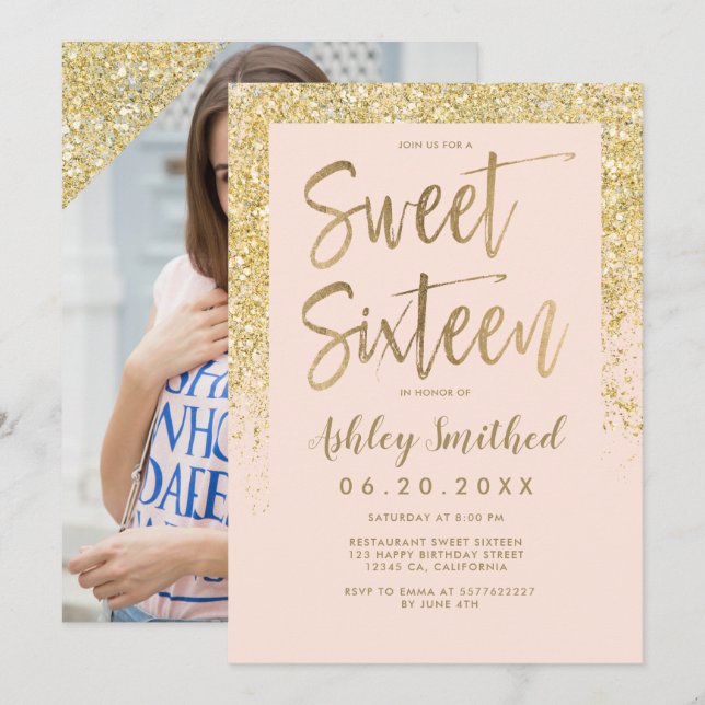 sweet sixteen för rosa av gnistra i Guld glitter Inbjudningar (Fram/baksida)