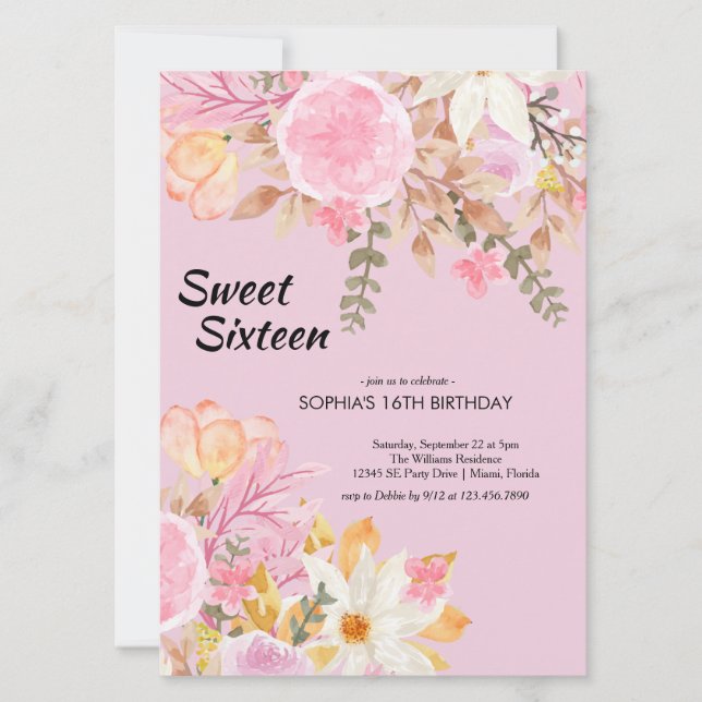 Sweet sixteen för Rosa av vattenfärg i elegant Inbjudningar (Framsida)