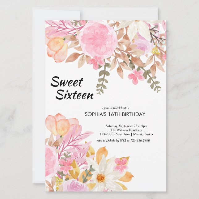 Sweet sixteen för Rosa av vattenfärg i elegant Inbjudningar (Framsida)