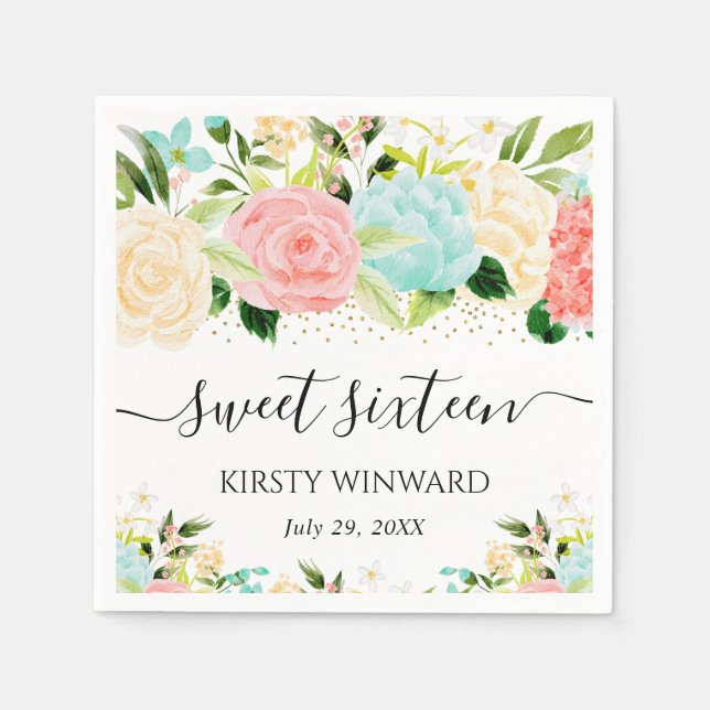 Sweet sixteen för Rosa av vattenfärg och färgbryta Pappersservett (Framsidan)