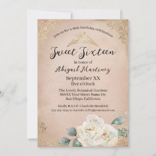 Sweet sixteen för Rosa av vit ros och Guld Vintage Inbjudningar