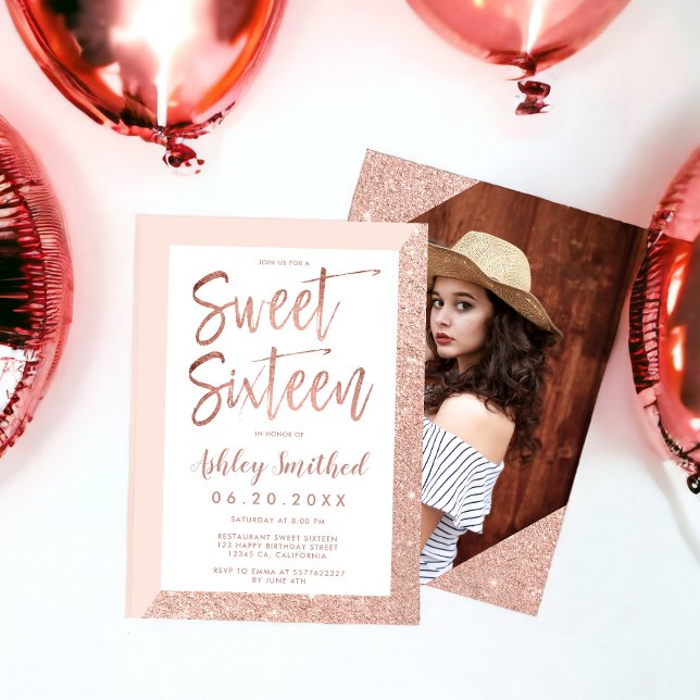 sweet sixteen för  rosa i Ro guld glitter Inbjudningar (Rose gold glitter blush pink photo sweet sixteen invitation)