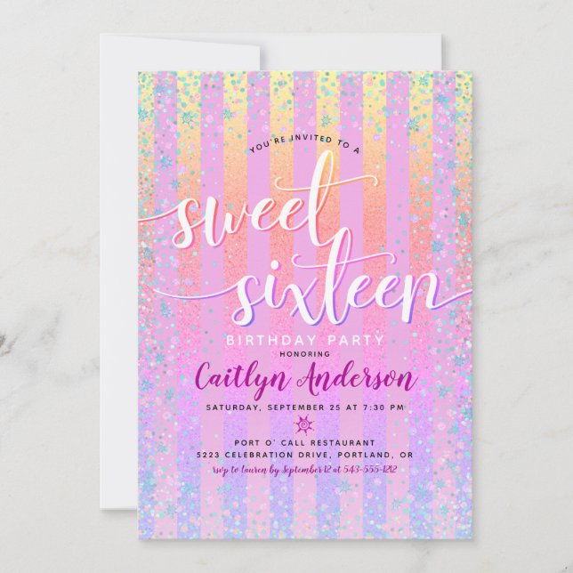 Sweet sixteen för rosa Lila Gult  för födelsedagss Inbjudningar (Framsida)