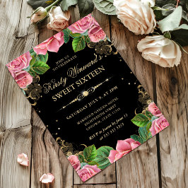Sweet sixteen för rosa och Guld Ro Blommigt Inbjudningar