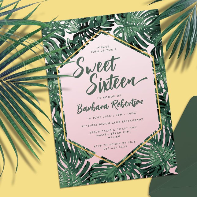 Sweet sixteen för  Rosa vid Tropiska sommaren Inbjudningar (Tropical palm leaf invitation with title 'sweet sixteen' in script)
