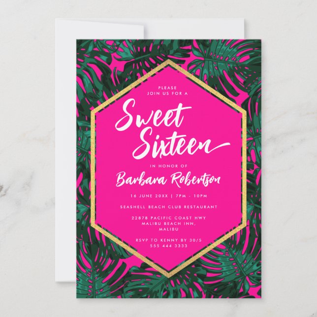 Sweet sixteen för Tropical Löv Shock rosa Grönt Inbjudningar (Framsida)