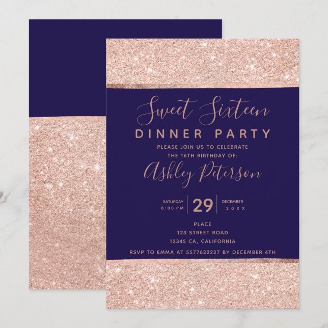 Sweet sixteen för typografi av ro guld glitter inbjudningar (Fram/baksida)
