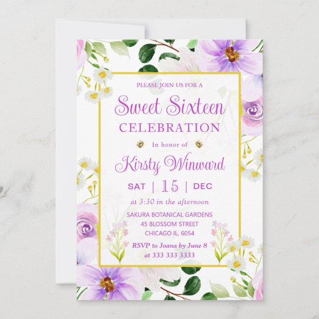 Sweet sixteen för vattenfärgning Lila Magic Flower Inbjudningar (Framsida)