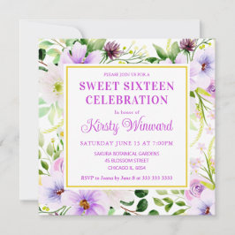 Sweet sixteen för vattenfärgning Lila Magic Flower Inbjudningar