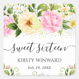 Sweet sixteen för vattenfärgning och Rosa Flowers Fyrkantigt Klistermärke