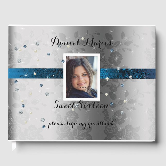 Sweet Sixteen, Foto, Teal Satin, Glitter, Ädelsten Gästböcker (Framsida)