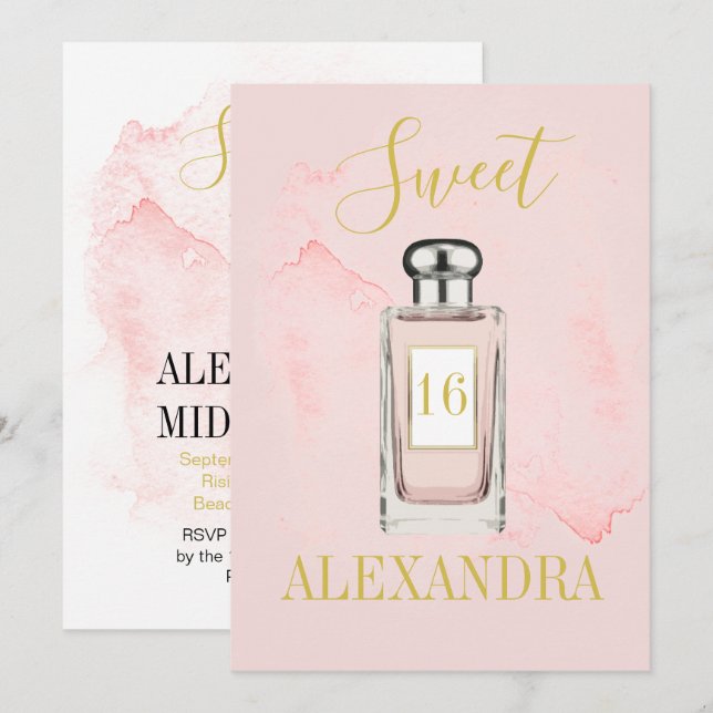 Sweet sixteen Fransk Rosa Parfym Monogram Inbjudningar (Fram/baksida)
