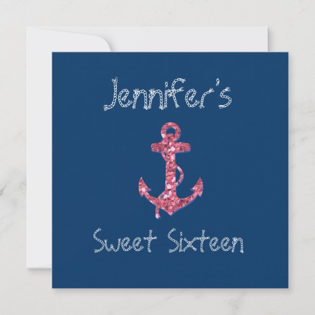 Sweet sixteen Girly, Nautical Rosa Glitter Anchor Inbjudningar (Framsida)