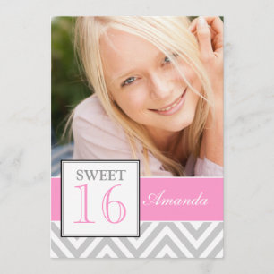 SWEET SIXTEEN GIRLY ROSA GRÅTT CHEVRON MÖNSTER INBJUDNINGAR