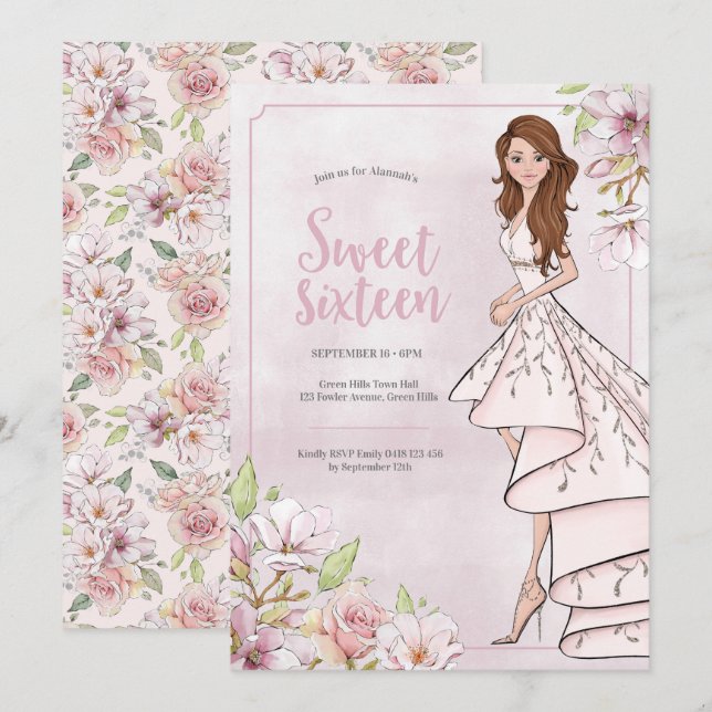 Sweet sixteen Glamor Girl Birthday-inbjudan Inbjudningar (Fram/baksida)