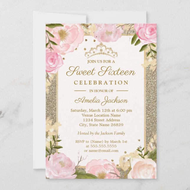 Sweet sixteen Gnistra Rosa Guld Blommigt Inbjudningar (Framsida)