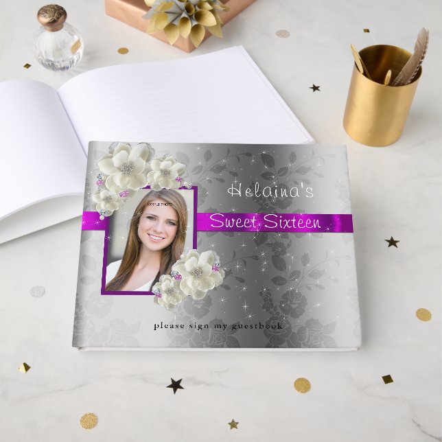 Sweet Sixteen, Gnistrande, Rosa Satin Vita Rosor Gästböcker (Framsida Öppen)