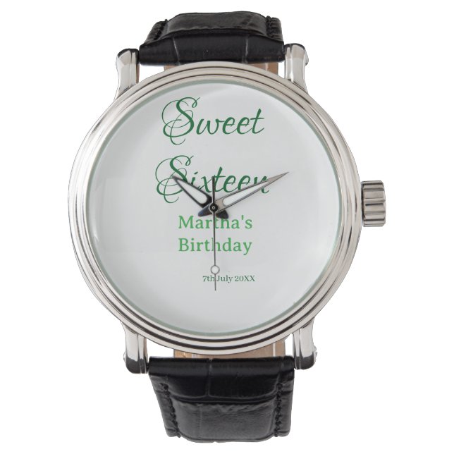 Sweet Sixteen green name date calligraphy boho ret Armbandsur (Framsida)