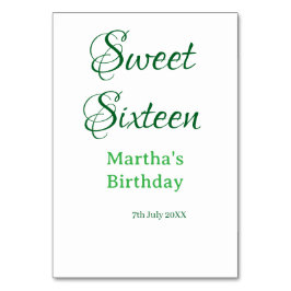 Sweet Sixteen green name date calligraphy boho ret Bordsnummer