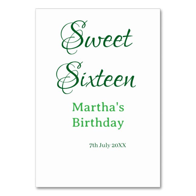 Sweet Sixteen green name date calligraphy boho ret Bordsnummer (Framsidan)
