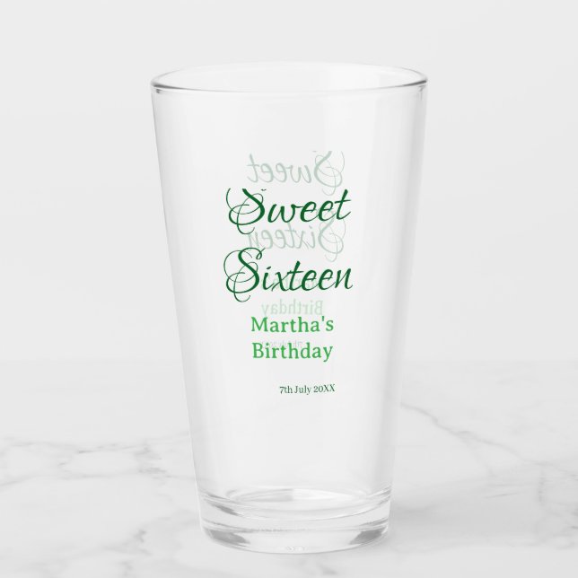 Sweet Sixteen green name date calligraphy boho ret Glaskopp (Framsida)