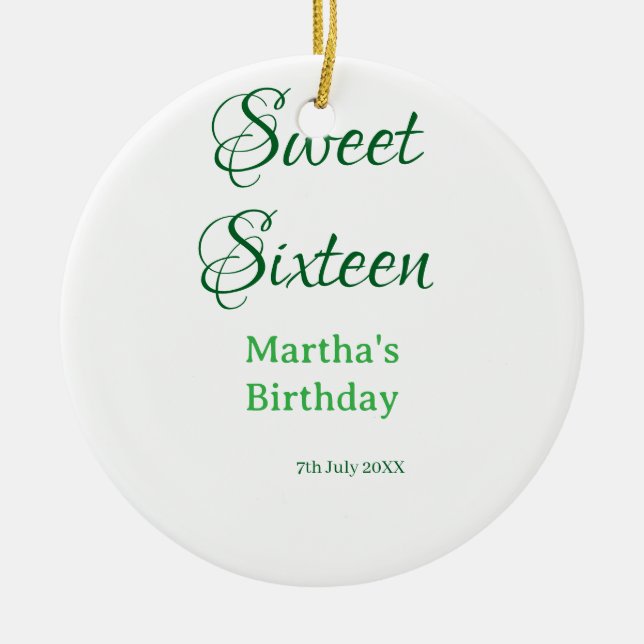Sweet Sixteen green name date calligraphy boho ret Julgransprydnad Keramik (Framsidan)