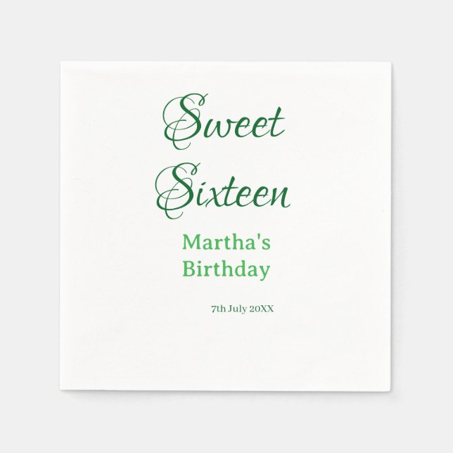 Sweet Sixteen green name date calligraphy boho ret Pappersservett (Framsidan)