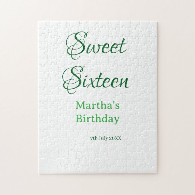 Sweet Sixteen green name date calligraphy boho ret Pussel (Vertikal)