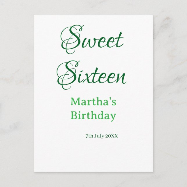 Sweet Sixteen green name date calligraphy boho ret Vykort (Framsida)