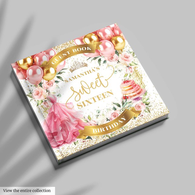 Sweet sixteen Guest Bok  Rosa Flowers (Elegant Sweet Sixteen Guest Book Blush Gold)