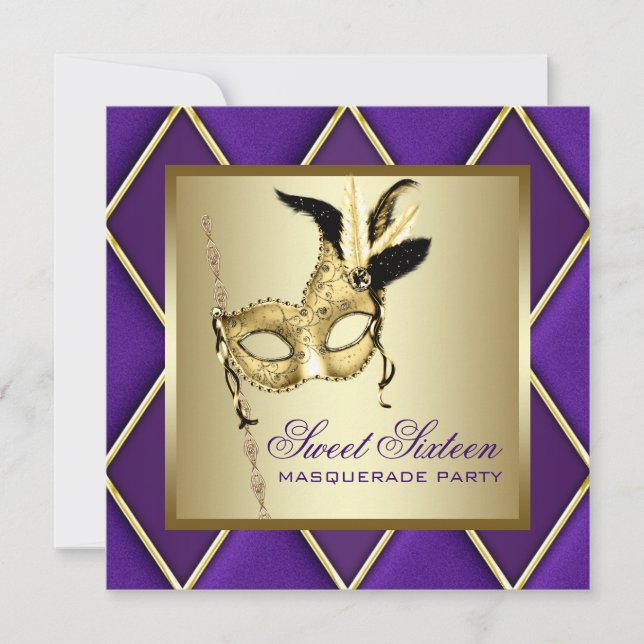 Sweet sixteen Guld Lila MasqueraParty Inbjudningar (Framsida)