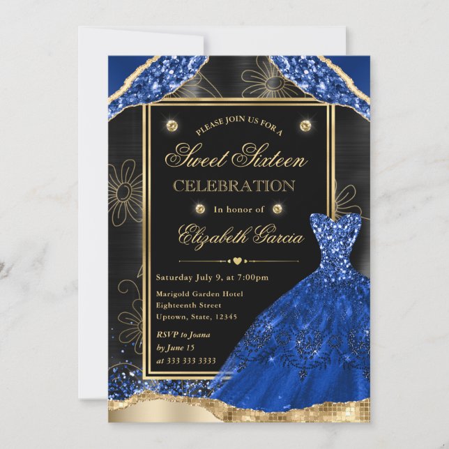 Sweet sixteen Guld och Royal Blue Glitter Dress Inbjudningar (Framsida)