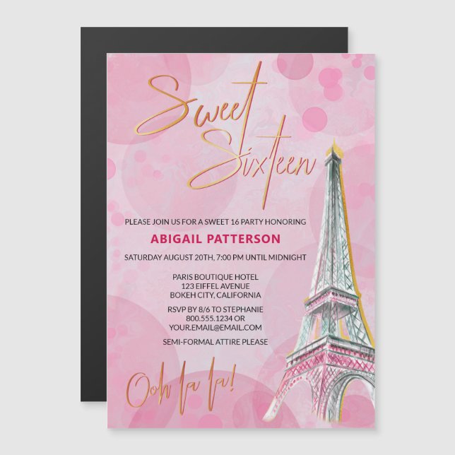 Sweet sixteen Guld Paris 16:e Födelsedagsfesten Magnetisk Inbjudningskort (Fram/baksida)