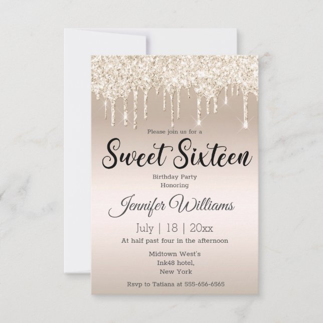 sweet sixteen guld som droppar glitter champagne inbjudningar (Framsida)