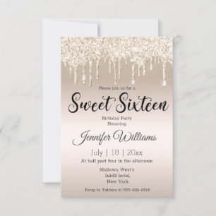 sweet sixteen guld som droppar glitter champagne inbjudningar